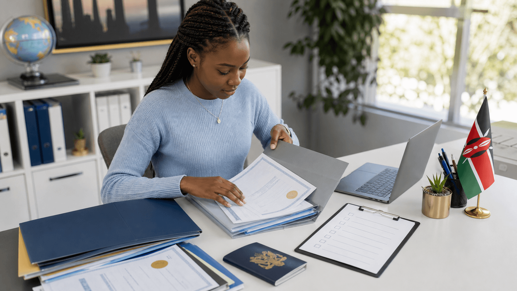 Kenyan student organizing study abroad application documents in a counselling office