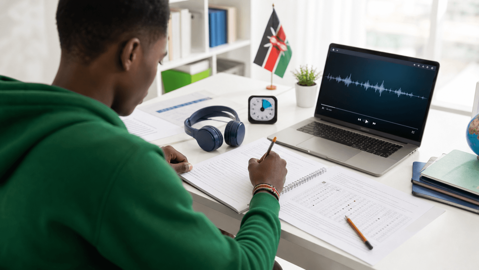 Kenyan student preparing for an English language exam with headphones and study notes