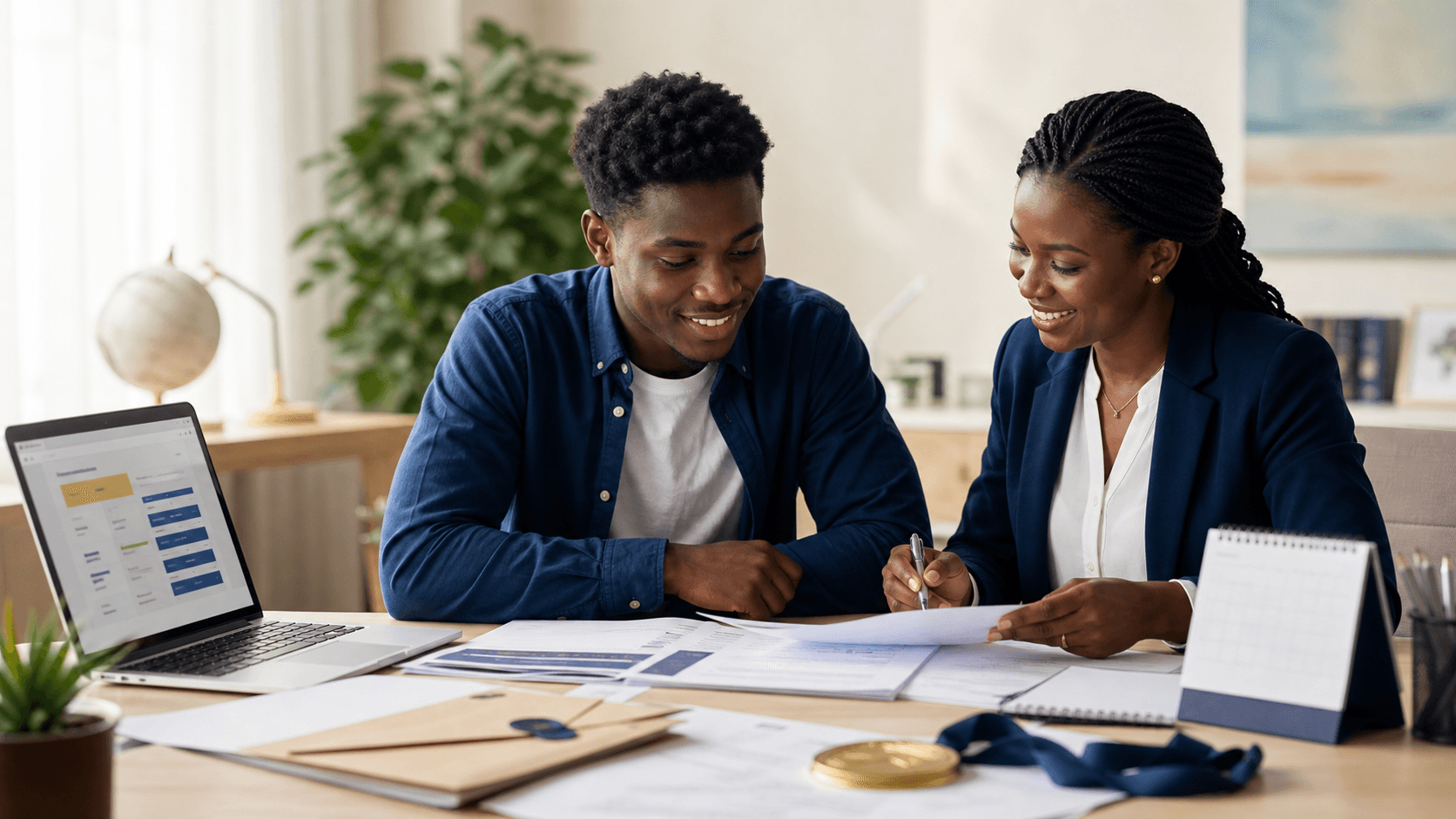 Kenyan student reviewing scholarship application materials with a mentor