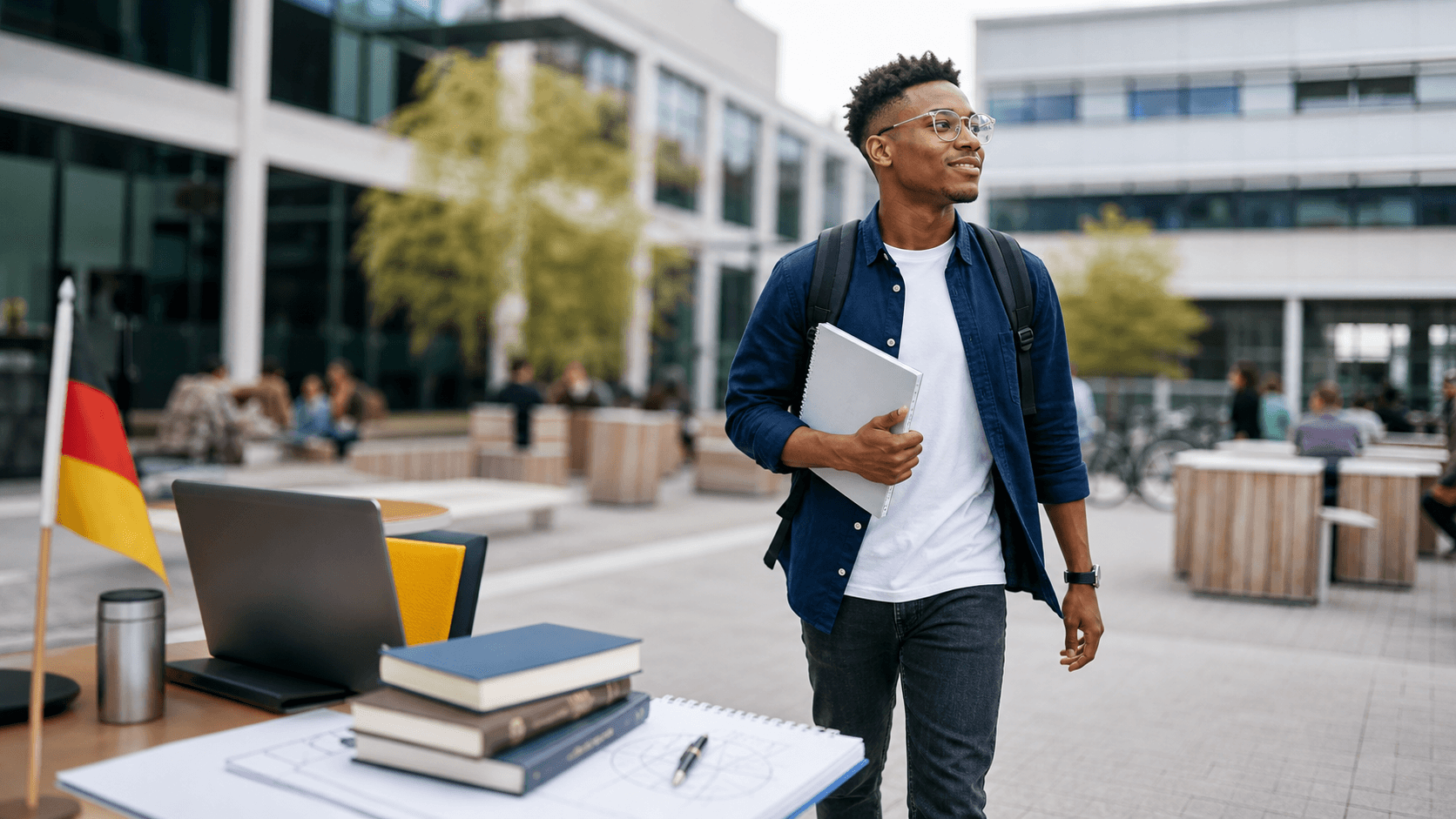 Kenyan international student walking through a modern German university campus