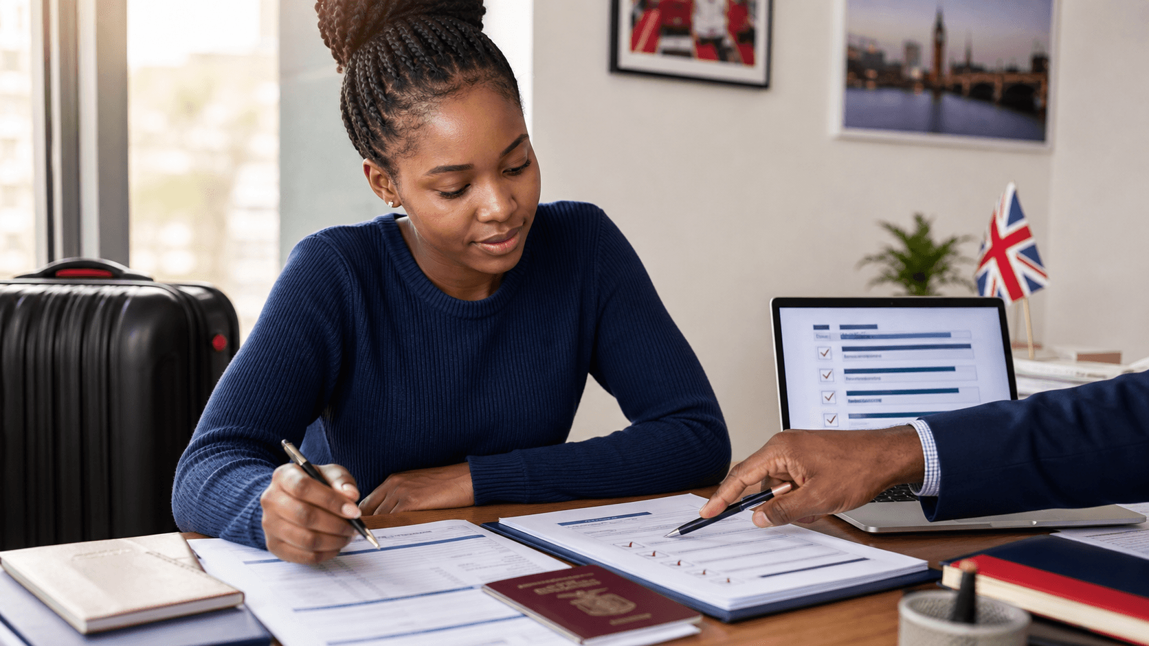 Kenyan student reviewing UK student visa documents with an advisor