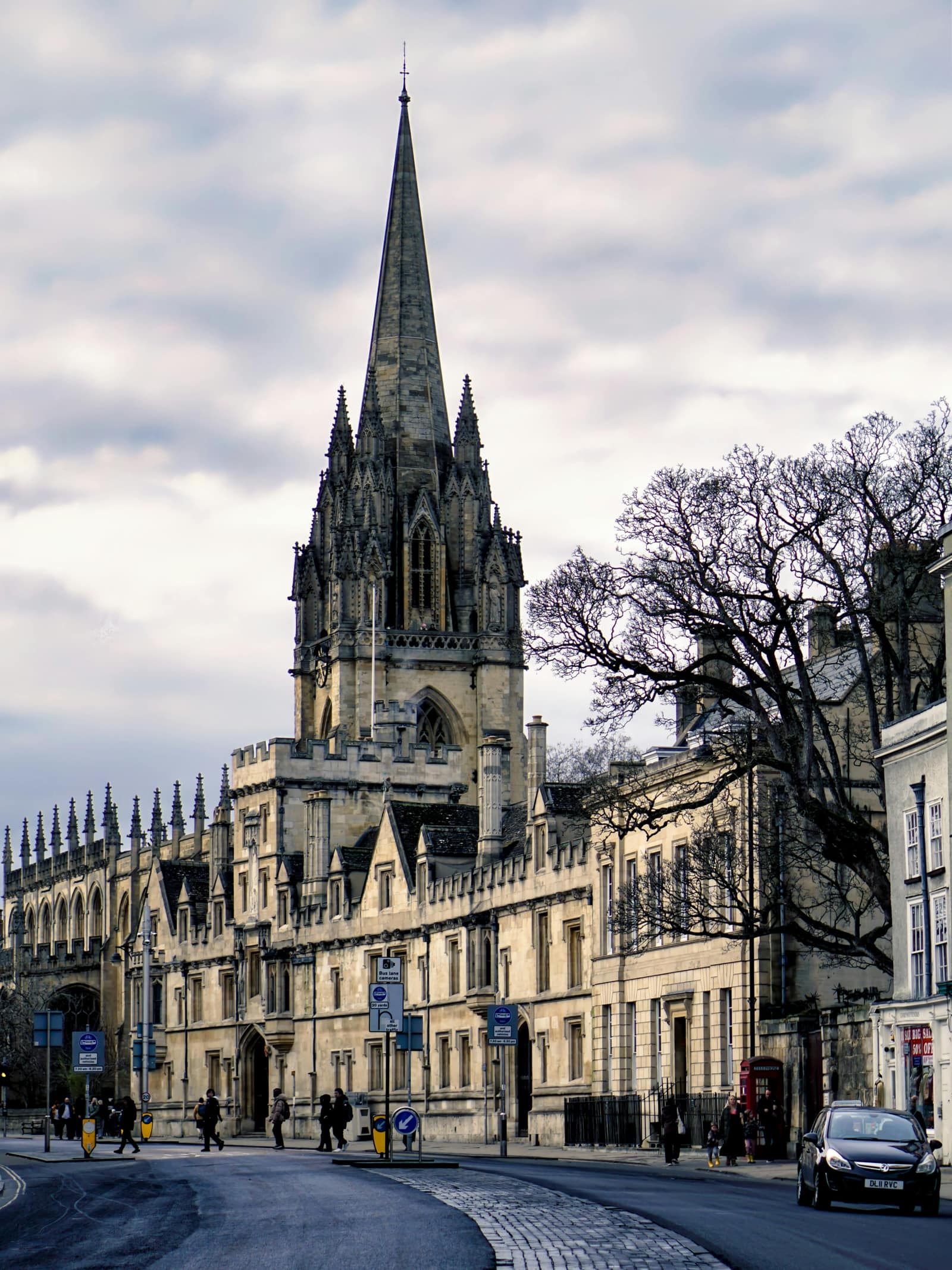 Historic university street scene in the United Kingdom
